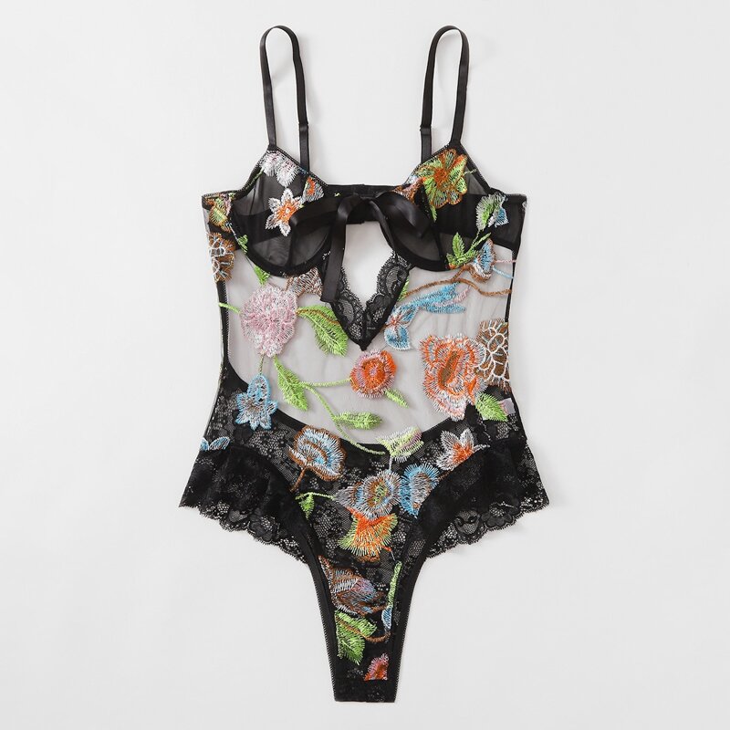 

Floral Embroidery Lace Trim Teddy Bodysuit, Black