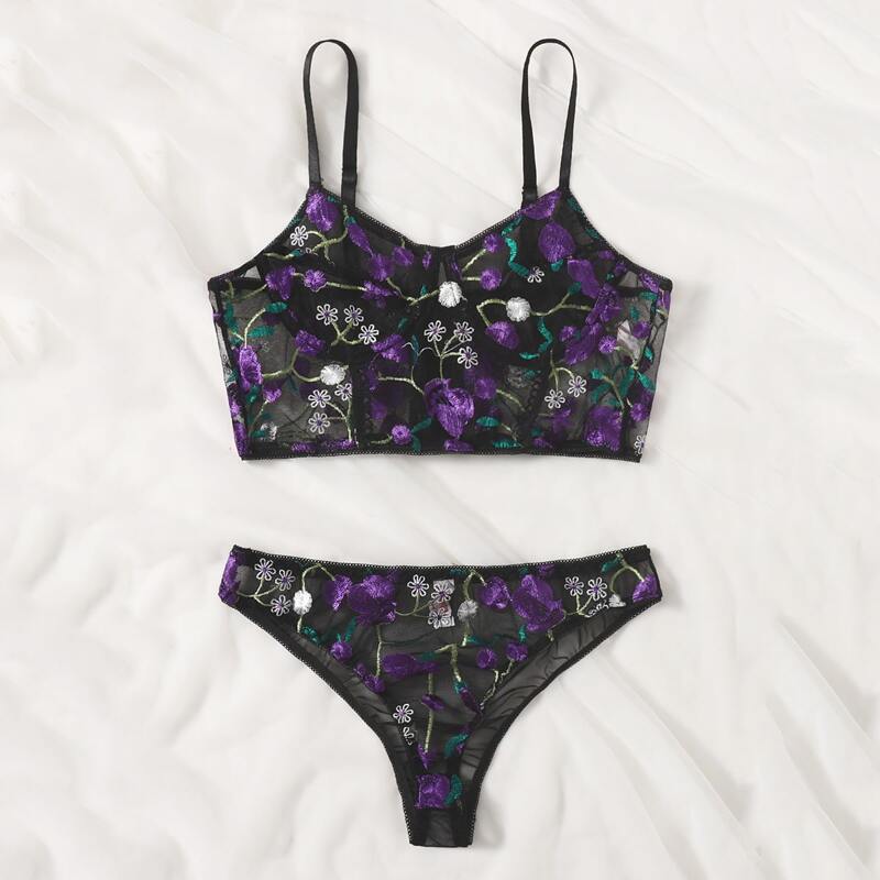 

Floral Embroidery Sheer Mesh Lingerie Set, Multicolor