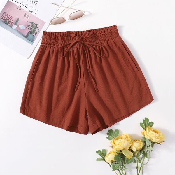 

Solid Pocket Front Wide Leg Shorts, Rust brown