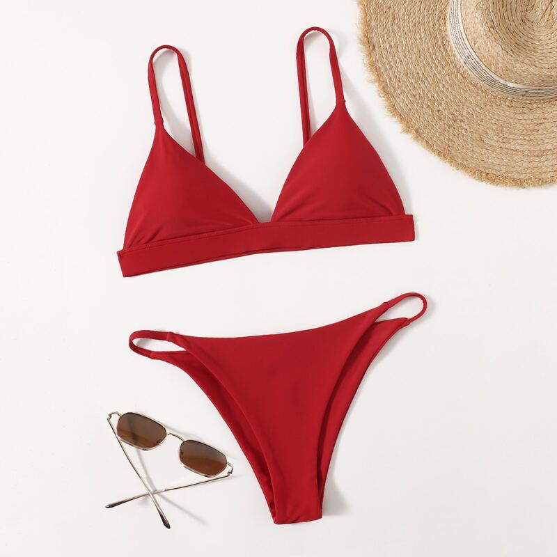 

Solid Triangle Tanga Bikini Swimsuit, Red