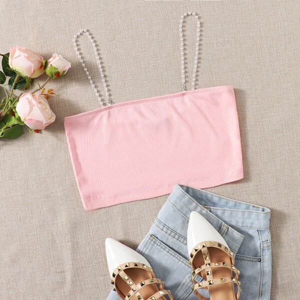 

Pearls Strap Crop Cami Top, Baby pink