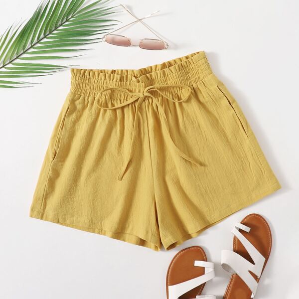 

Solid Pocket Front Wide Leg Shorts, Yellow
