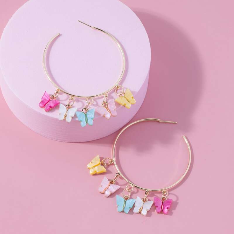 

1pair Butterfly Charm Hoop Earrings, Multicolor