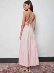 SHEIN 繫帶後鉤織腰連衣裙 - 淺粉色 - 查看 2