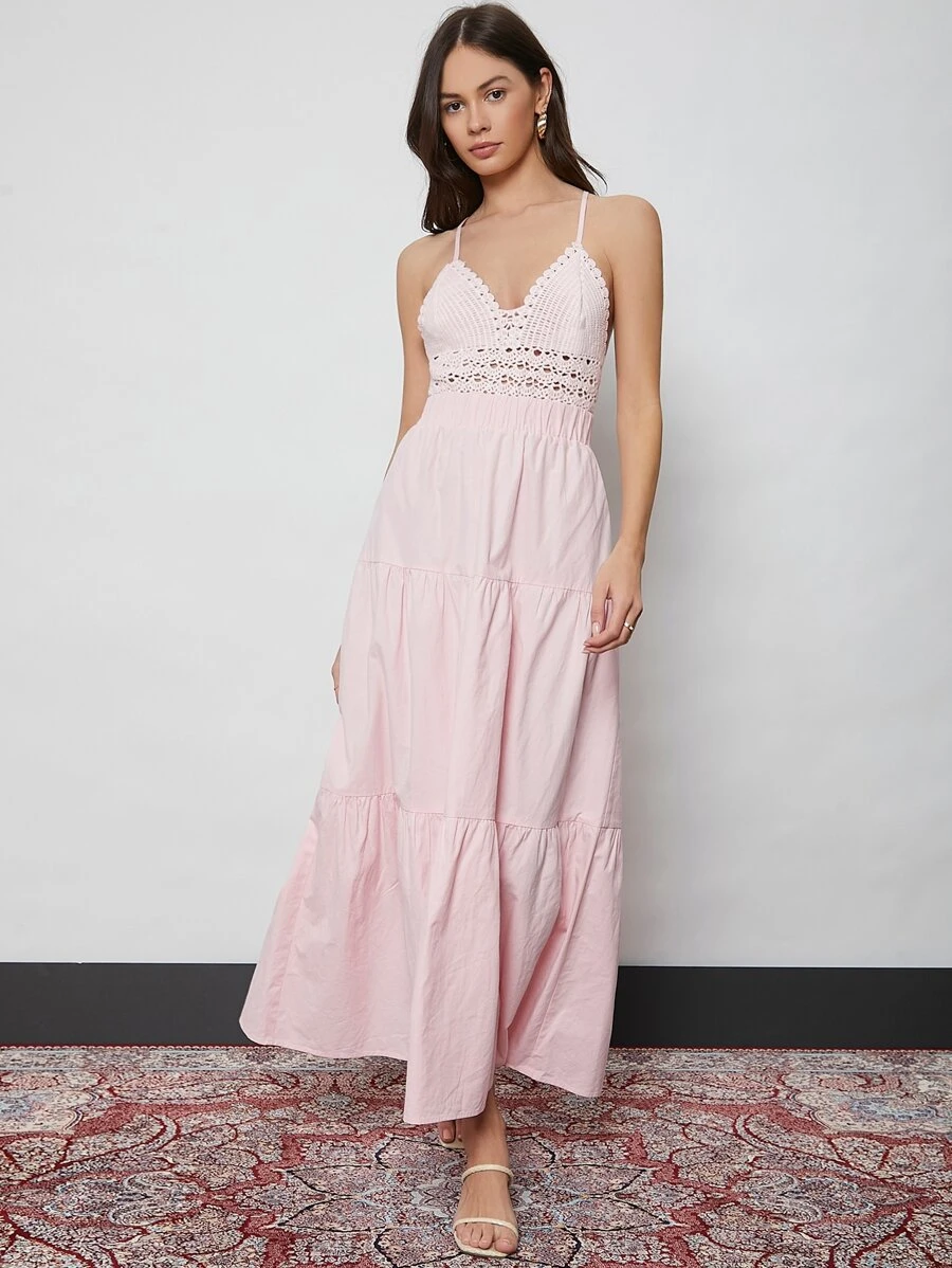 SHEIN 繫帶後鉤織腰連衣裙 - 淺粉色 - 查看 1