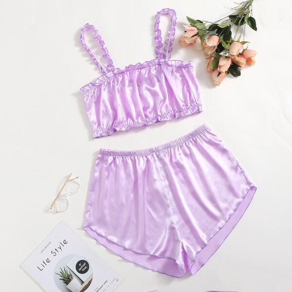 

Plus Satin Frill Trim Cami PJ Set, Lilac purple