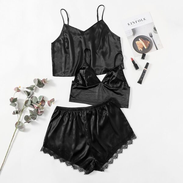

Plus 3pcs Lace Panel Satin Cami PJ Set, Black