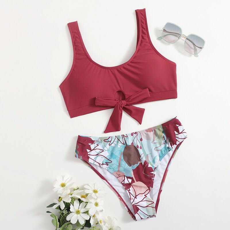 

Floral Print Knot Bikini Swimsuit, Red