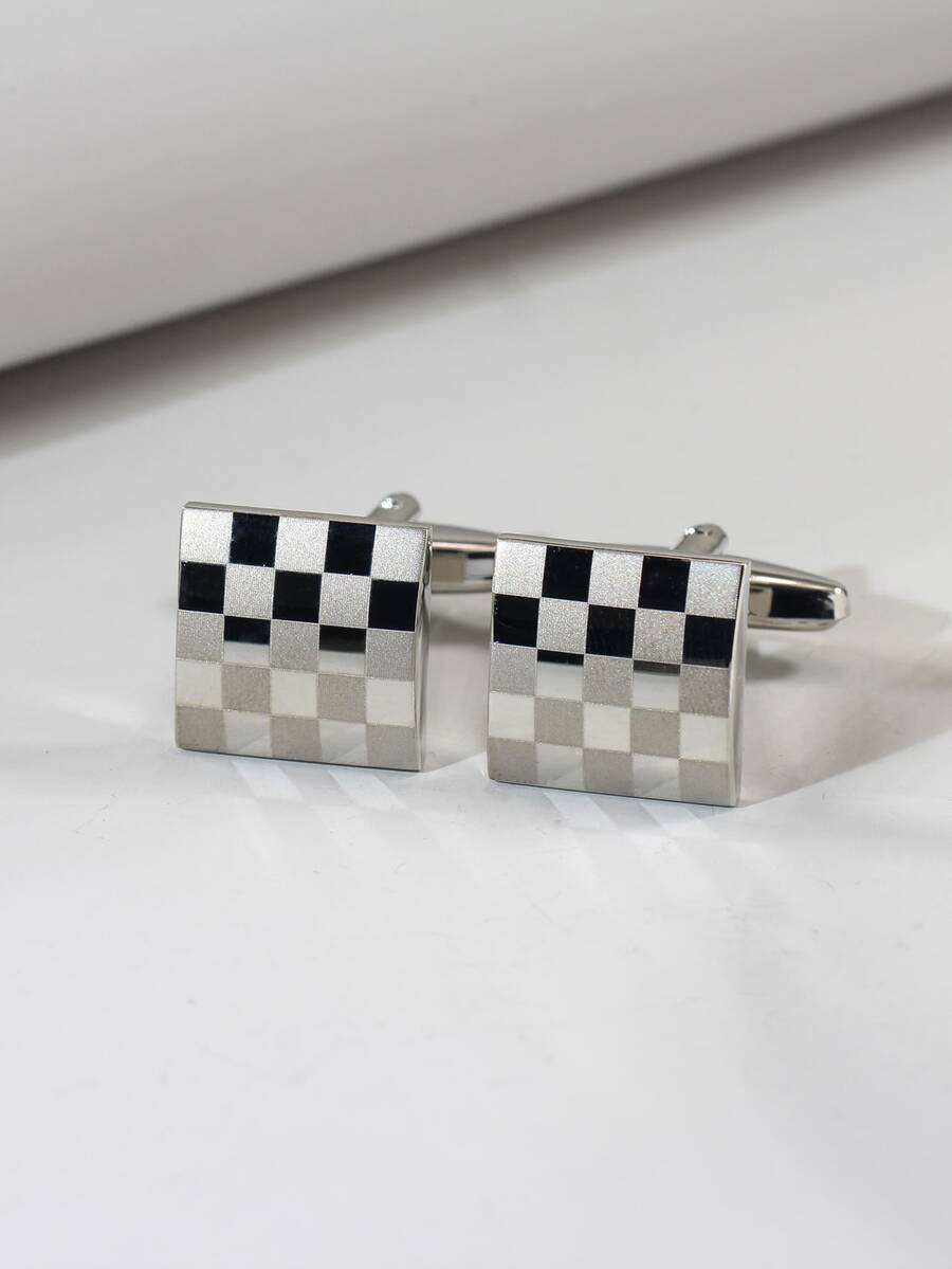男士优雅格纹银色袖扣一对 - 銀色 - 查看 1