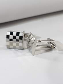男士优雅格纹银色袖扣一对 - 銀色 - 查看 4