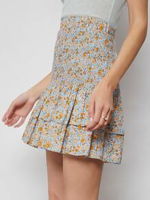 SHEIN 打褶多層下擺小碎花半身裙 - 彩色 - 查看 2