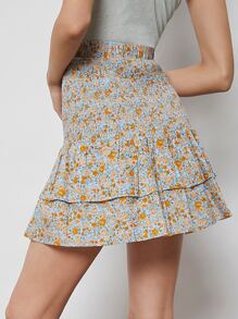 SHEIN 打褶多層下擺小碎花半身裙 - 彩色 - 查看 1