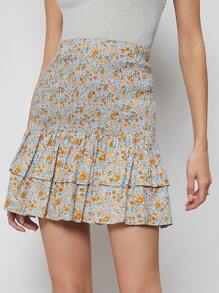 SHEIN 打褶多層下擺小碎花半身裙 - 彩色 - 查看 3