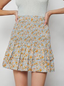 SHEIN 打褶多層下擺小碎花半身裙 - 彩色 - 查看 4