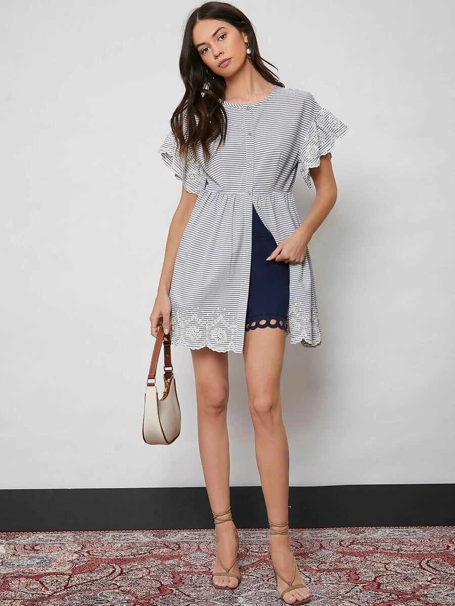 SHEIN Schiffy Butterfly Sleeve Striped Blouse - Multicolor - View 1