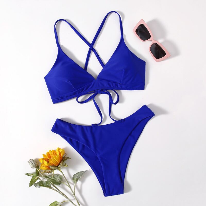 

Solid Crisscross Back Bikini Swimsuit, Royal blue