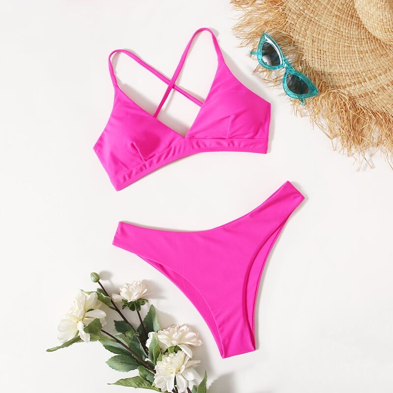 

Solid Crisscross Back Bikini Swimsuit, Hot pink
