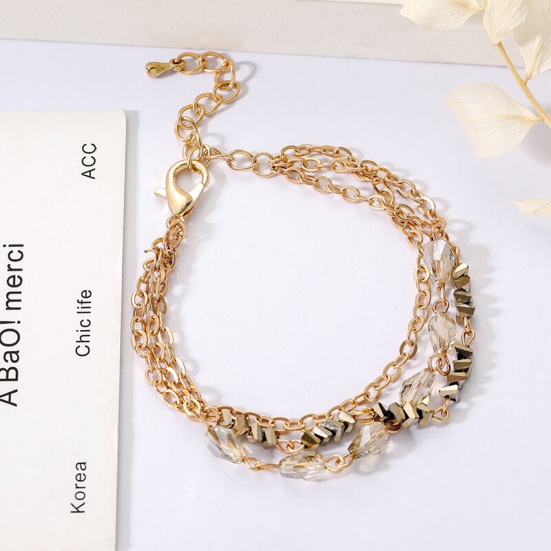 

1pc Beaded Layered Chain Bracelet, Gold