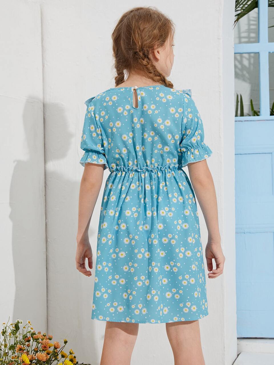 Girls Puff Sleeve Ruffle Trim Daisy Floral Dress