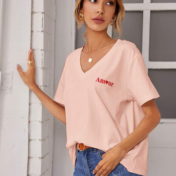 

Letter Embroidery Drop Shoulder Tee, Baby pink