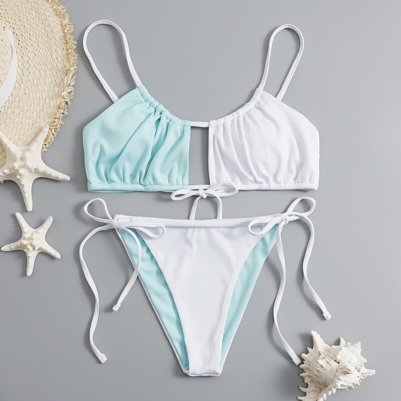 

Two Tone Tie Side Bikini Swimsuit, Multicolor