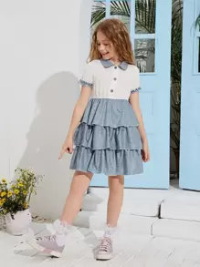 SHEIN Girls Leopard Print Layered Hem Dress - Blue and White - View 1