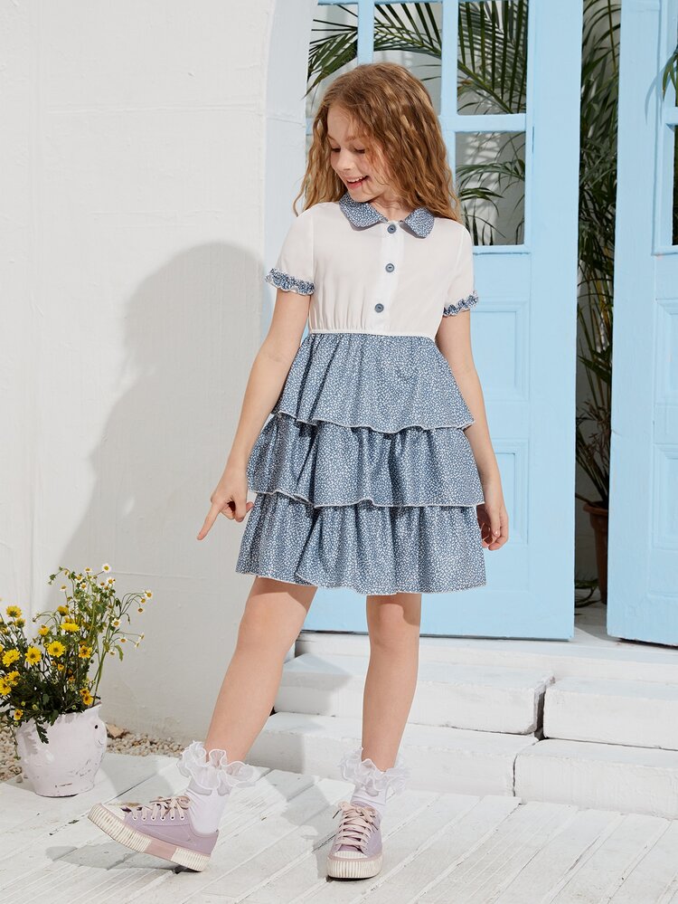 SHEIN Vestido bajo a capas con estampado de leopardo - Azul y blanco - Añade 1