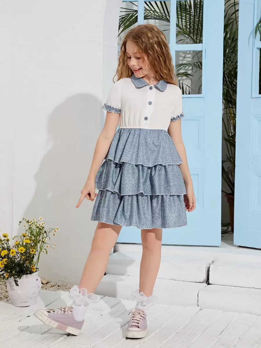 SHEIN Girls Leopard Print Layered Hem Dress - Blue and White - View 1