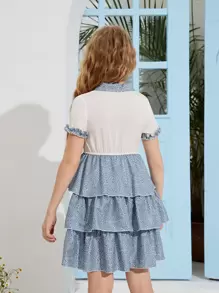 SHEIN Girls Leopard Print Layered Hem Dress - Blue and White - View 2