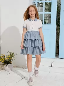 SHEIN Girls Leopard Print Layered Hem Dress - Blue and White - View 3