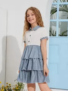 SHEIN Girls Leopard Print Layered Hem Dress - Blue and White - View 5