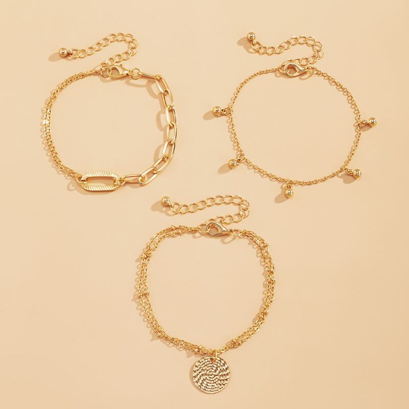 

3pcs Round Disc Chain Bracelet, Gold