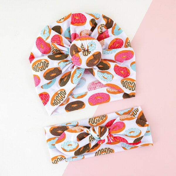 

1pc Baby Bread Print Hat & 1pc Headband, Multicolor