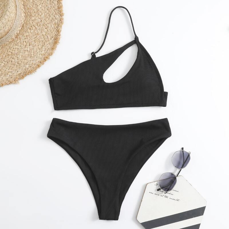 

Solid One Shoulder Bikini Swimsuit, Black