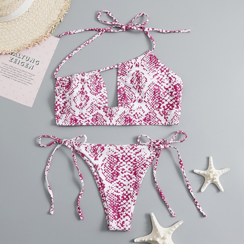 

Snakeskin Print Tie Side Bikini Swimsuit, Multicolor