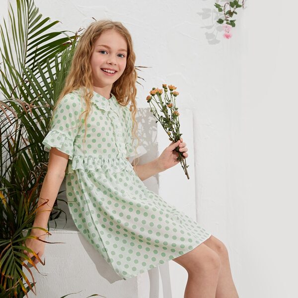 

Girls Flounce Sleeve Polka Dot Dress, Mint green
