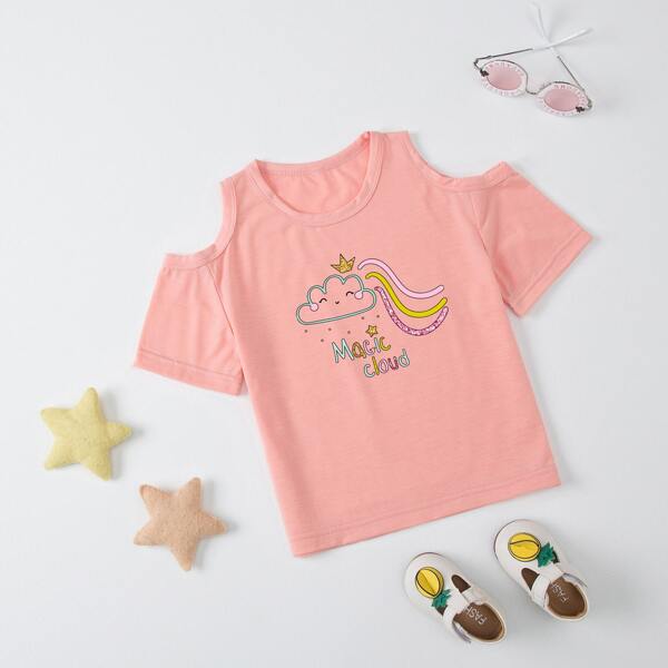 

Toddler Girls Cold Shoulder Cartoon Graphic Tee, Coral pink