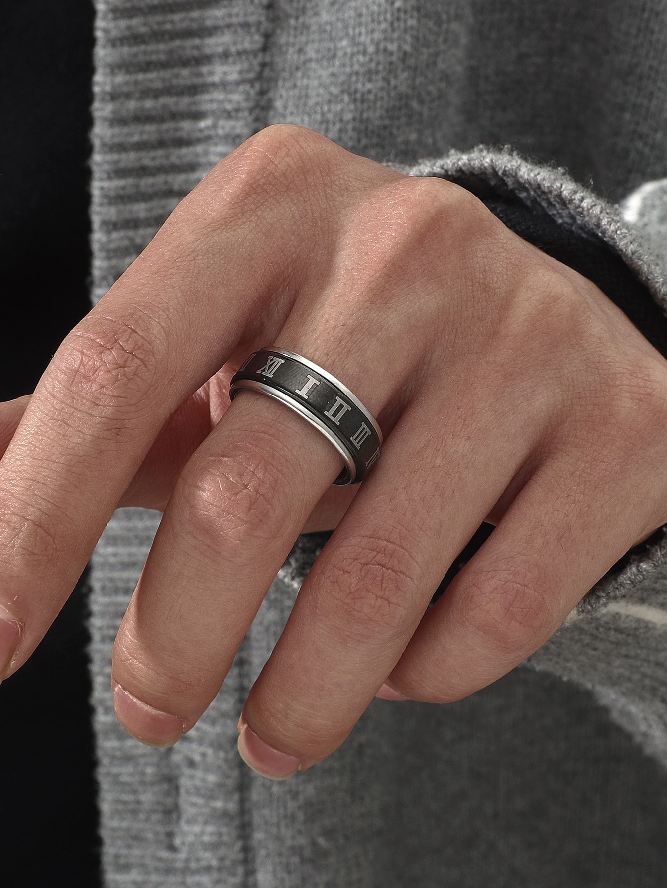 Tioneer Stainless Steel Mayan Calendar Rune CZ Ribbed Needle Stripe Pattern Biker Style Polished Ring