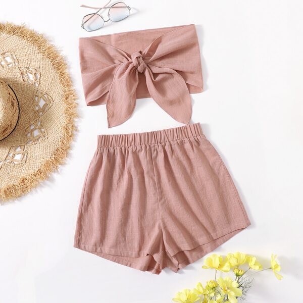 

Solid Tie Front Tube Top & Shorts Set, Dusty pink