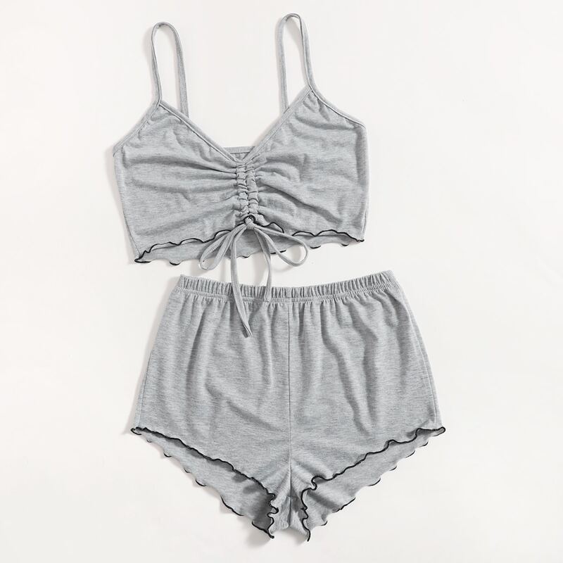 

Drawstring Ruched Lettuce Trim Lounge Set, Grey