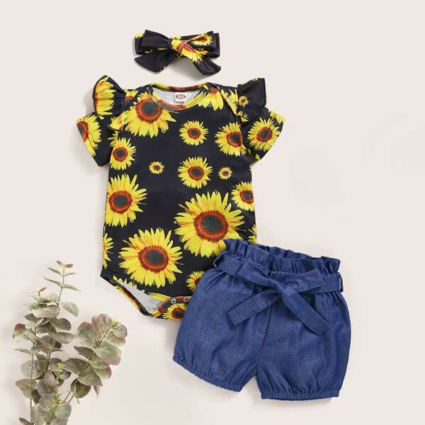 

Baby Girl Sunflower Print Bodysuit & Belted Shorts & Headband, Multicolor