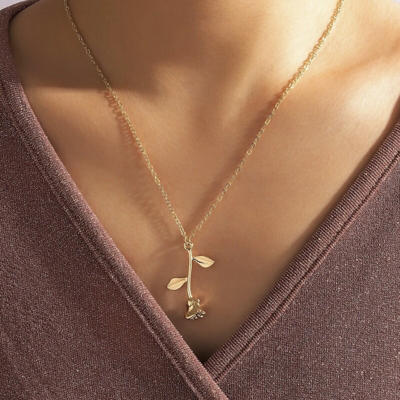 

1pc Rose Drop Chain Necklace, Gold