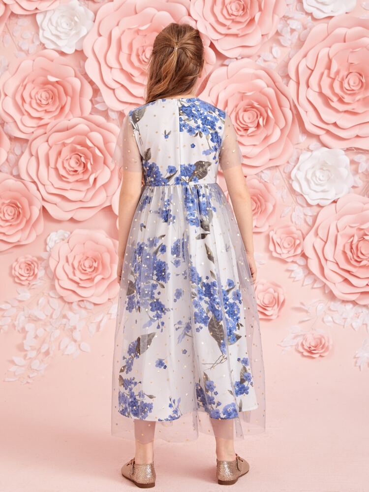 SHEIN 女孩1入組花卉閃亮波爾克點薄透網紗覆蓋洋裝 - 彩色 - 查看 2