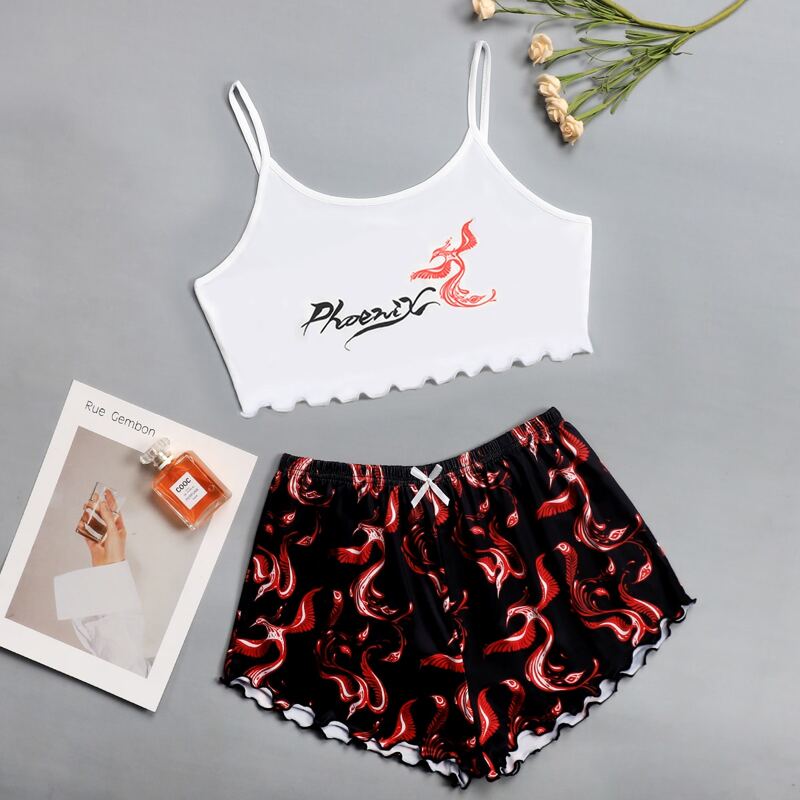 

Phoenix Print Cami Pajama Set, Black and white