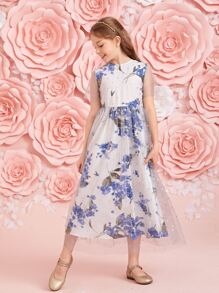 SHEIN 1pc Dobby Mesh Overlay Flower Girl Dress - Multicolor - View 3