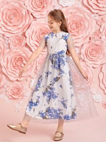 SHEIN 1pc Dobby Mesh Overlay Flower Girl Dress - Multicolor - View 4