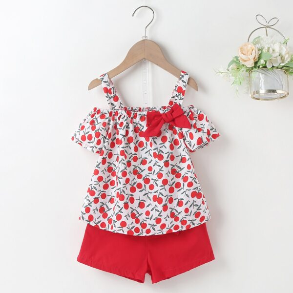 

Toddler Girls Fruit Print Cold Shoulder Blouse & Shorts, Red and white