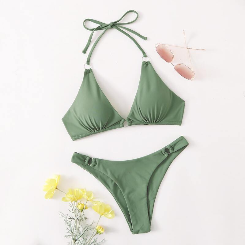 

Solid Ring Linked Bikini Swimsuit, Army green