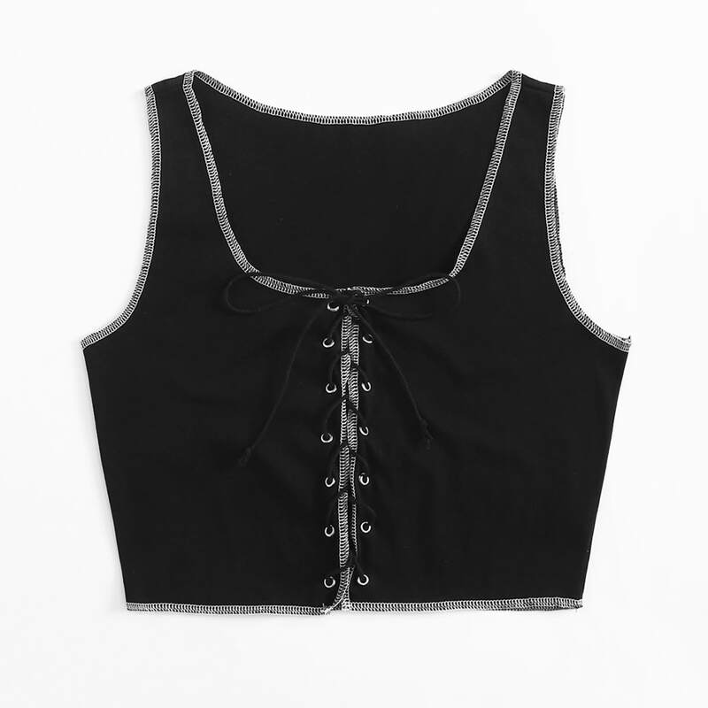 

Stitch Trim Lace Up Tank Top, Black