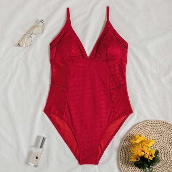 

Plain Textured One Piece Swimsuit, Red